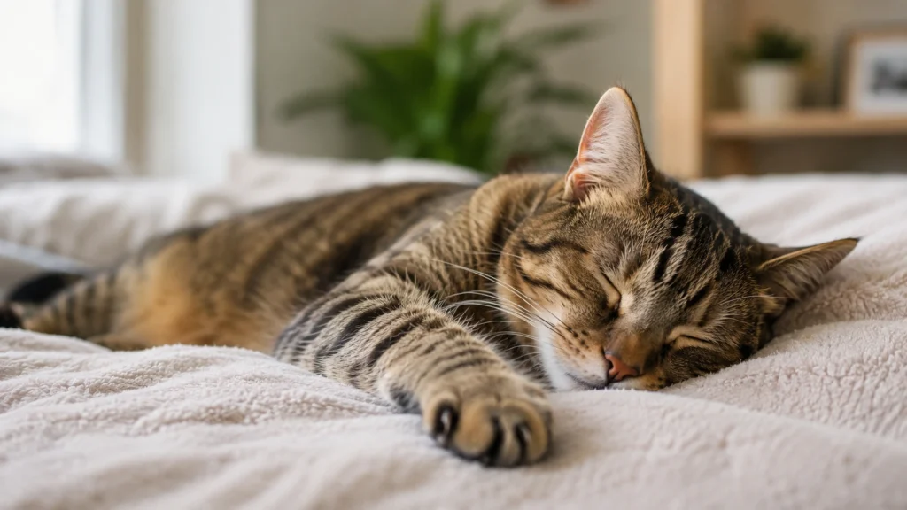 Healthy indoor cat sleeping peacefully during the day.
