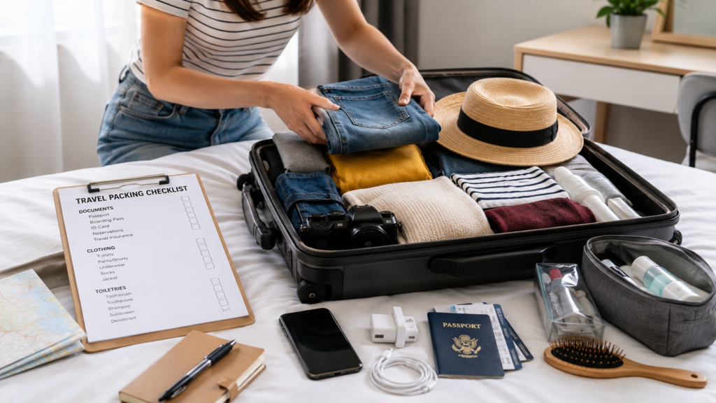 Person organizing luggage using a travel packing checklist with neatly packed clothing, passport, toiletries, chargers, and travel accessories before a vacation