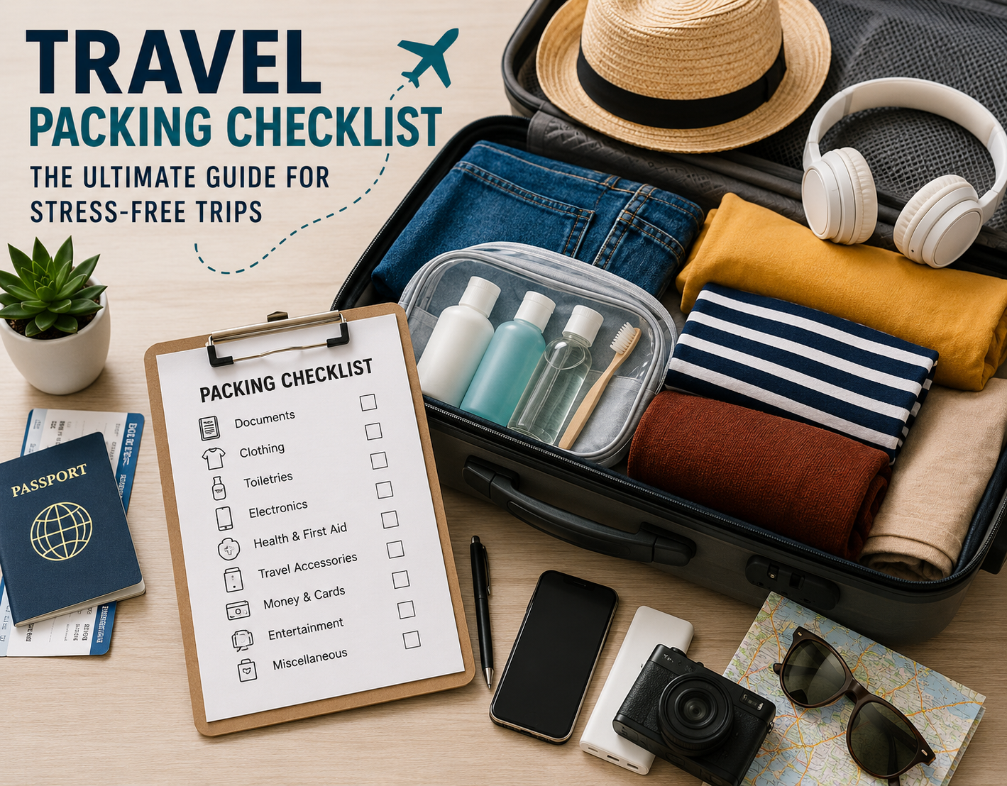 Traveler packing a suitcase with a complete travel packing checklist including passport, clothes, toiletries, electronics, and travel essentials for a stress-free trip