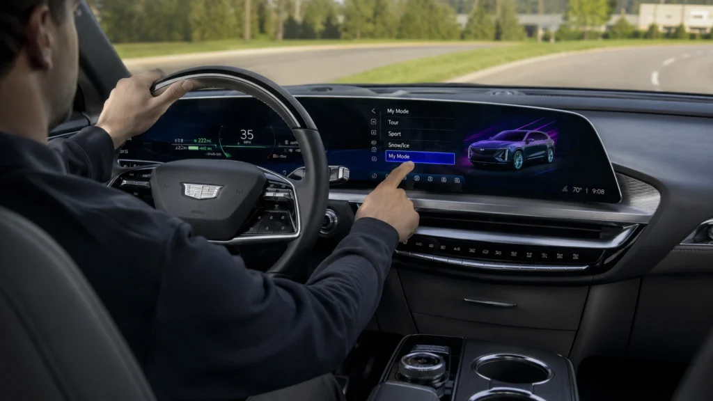 Driver selecting a Cadillac LYRIQ driving mode