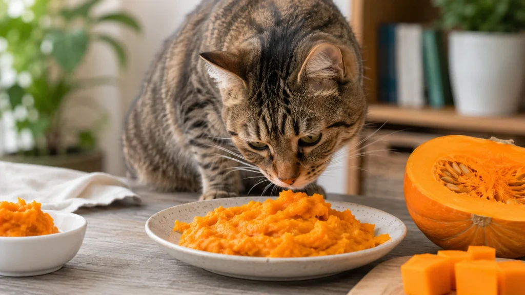 cat eating plain pumpkin safely
