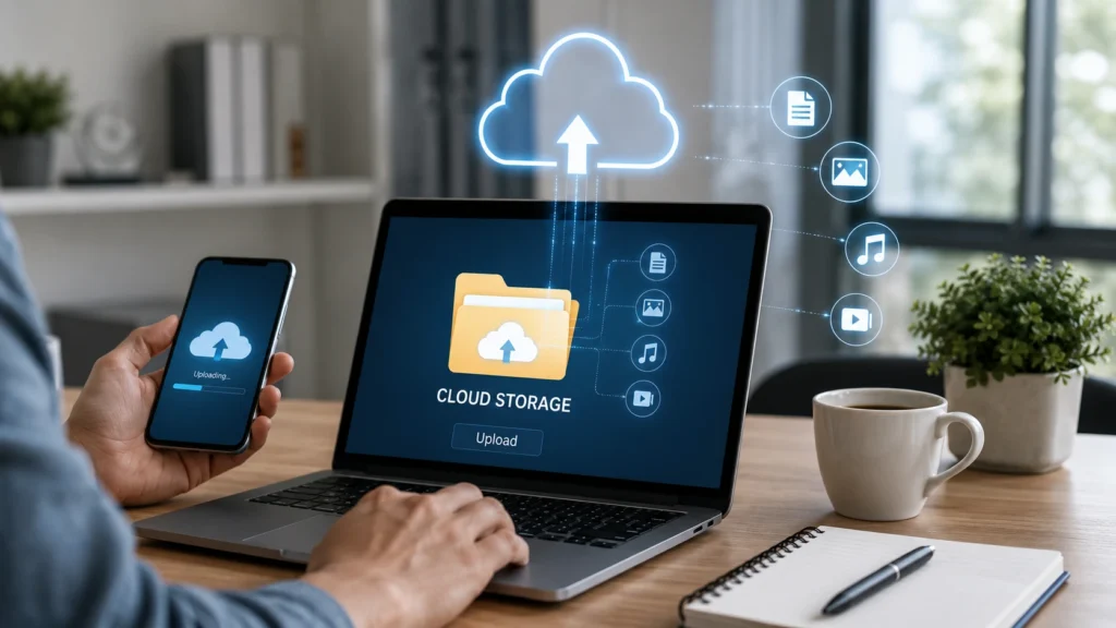 Person uploading files to secure cloud storage