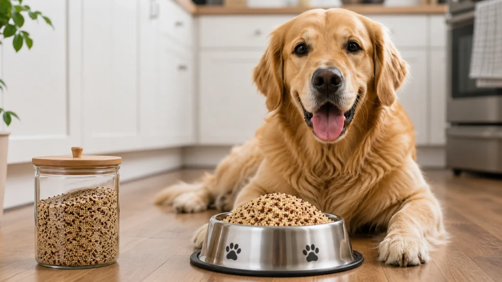 dog eating cooked quinoa in kitchen