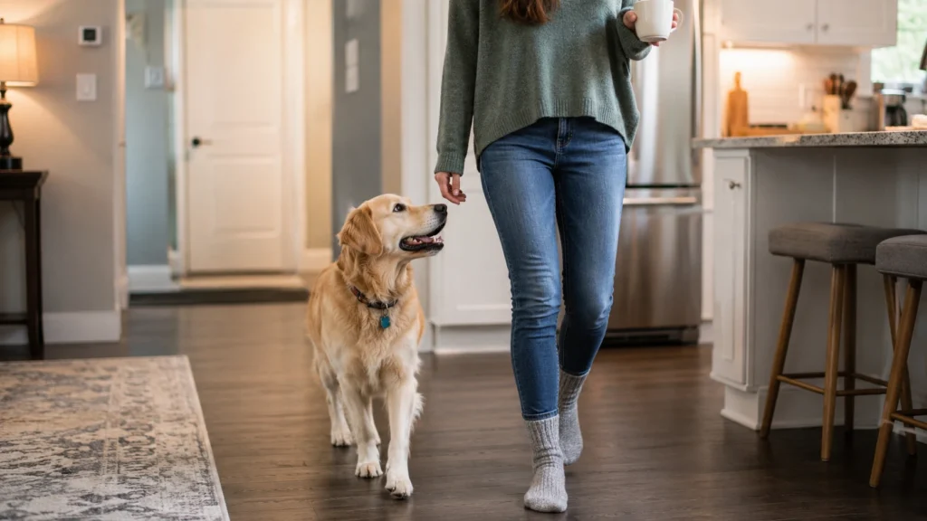 dog following owner around house