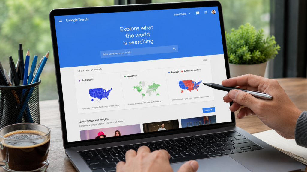 Person using Google Trends on a laptop to find trending topics and improve SEO strategy