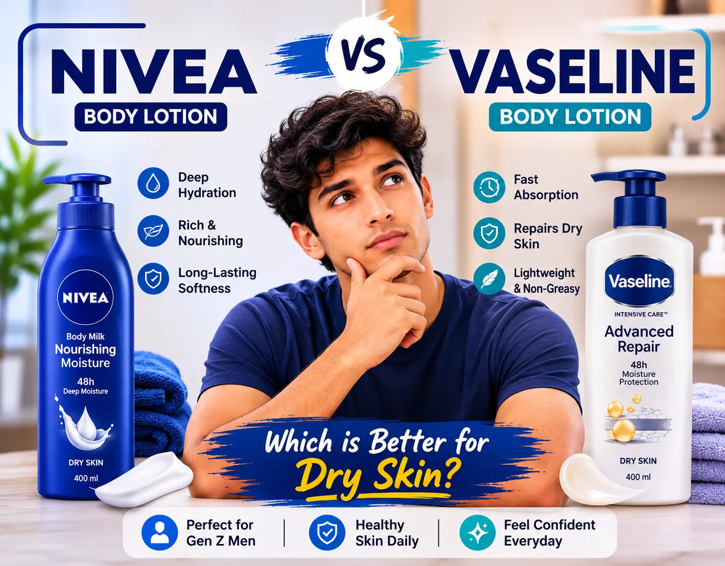 Young Gen Z man comparing Nivea and Vaseline body lotions