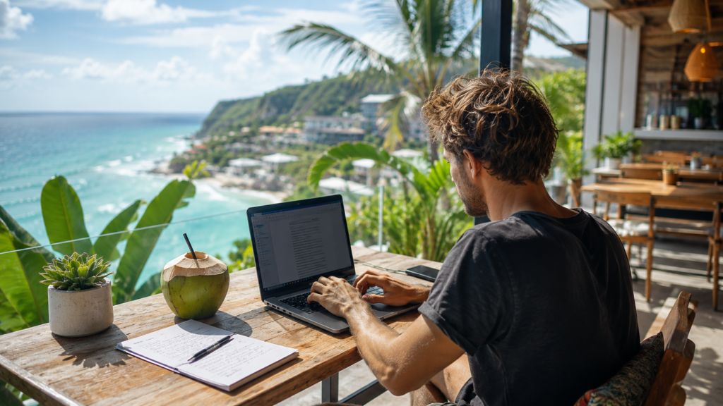 Remote worker using a laptop in a tropical seaside coworking café, showcasing the digital nomad lifestyle and remote work destinations in 2026