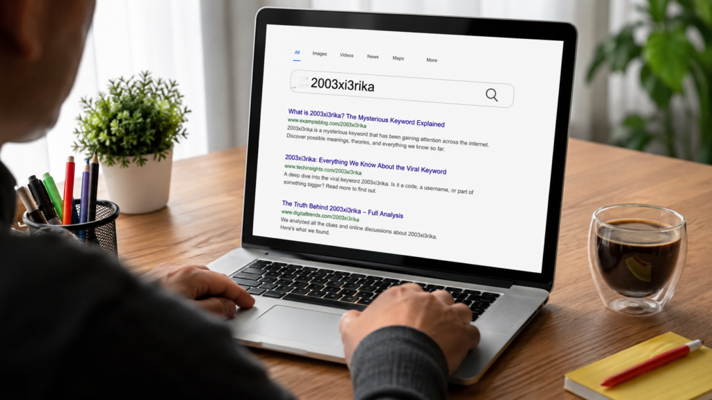 Person searching for the mysterious 2003xi3rika keyword on a laptop while researching its meaning online