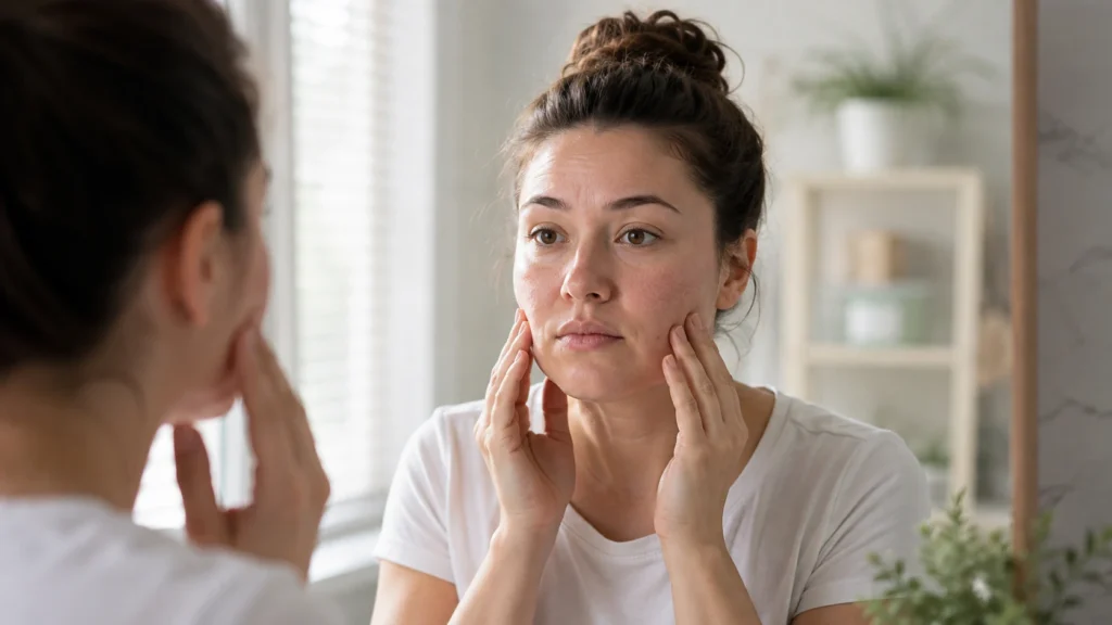 Woman looking in a mirror while checking cortisol-related changes.