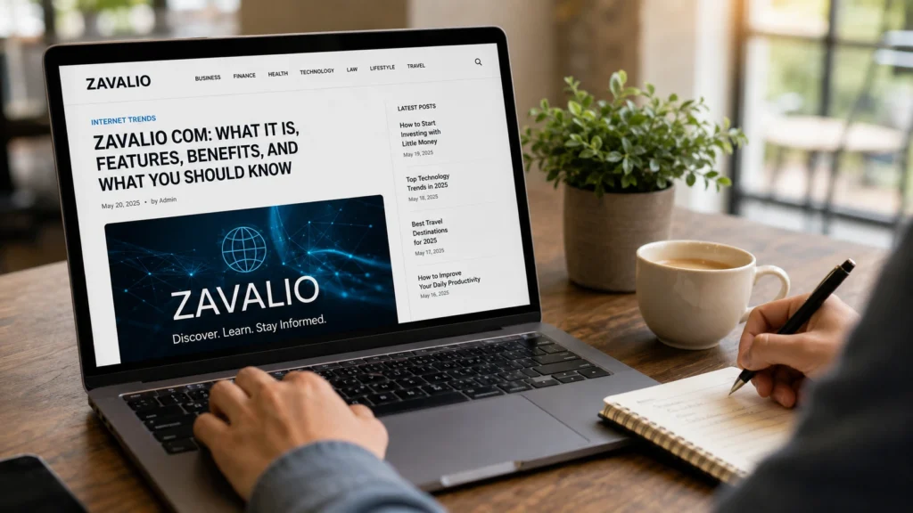 Person researching the Zavalio com website and its features on a laptop