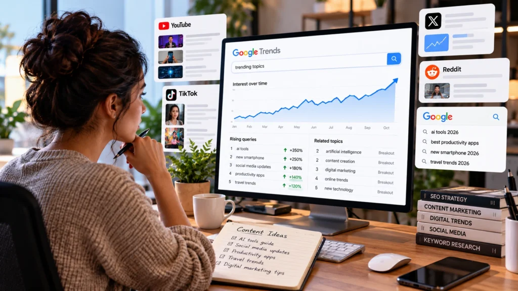 Content creator researching trending topics with Google Trends, social media, and rising search queries